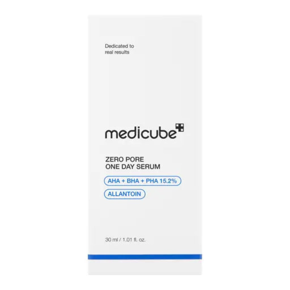 Carton: MEDICUBE Zero Pore One Day Peptide Serum 30ml carton with a blue base and AHA, BHA, PHA and allantoin labels.