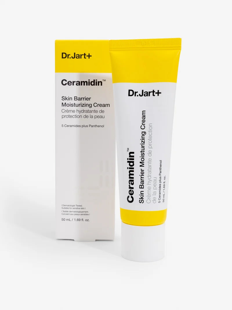 Box and tube: Dr. Jart+ Ceramidin Skin Barrier Moisturising Cream tube beside its box