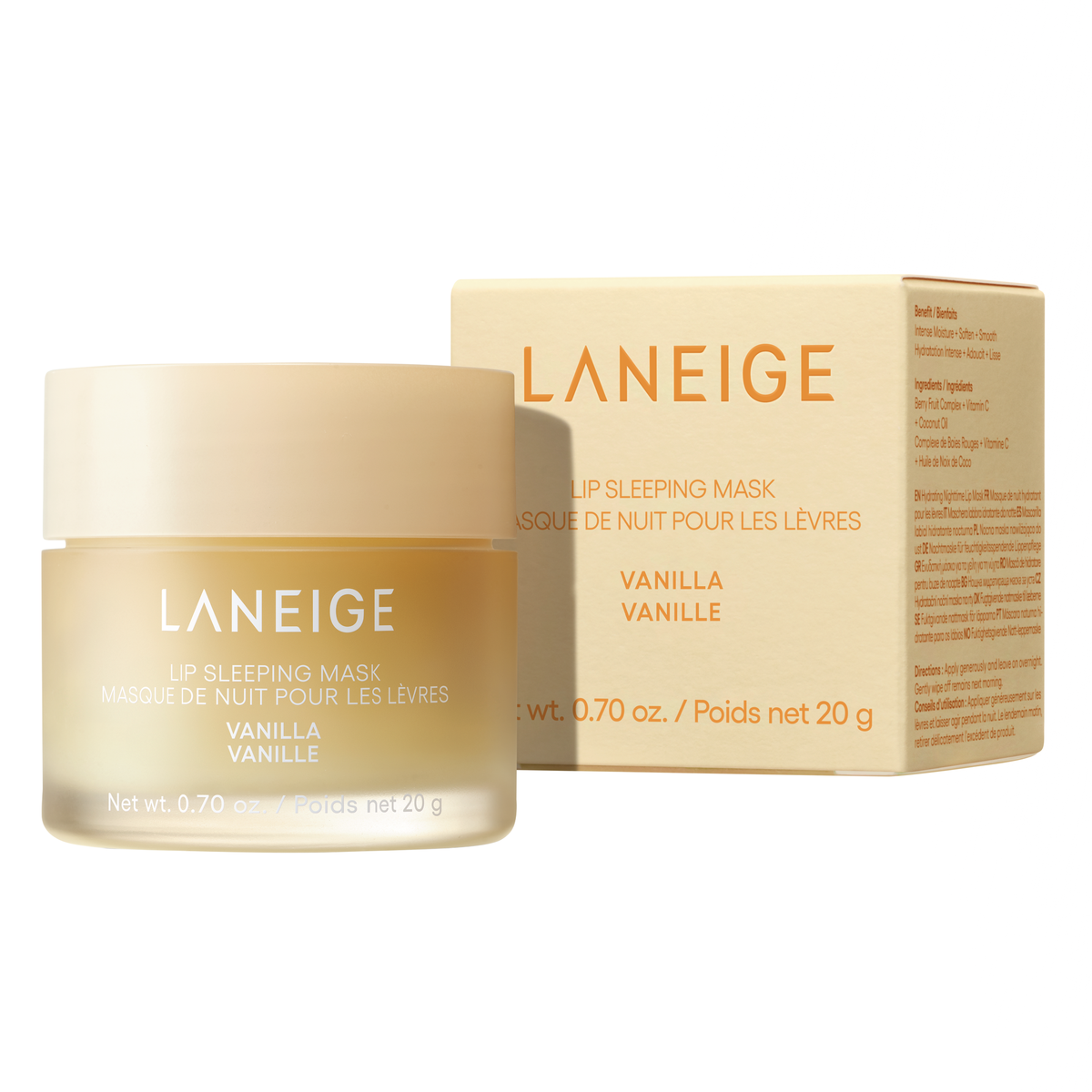 LANEIGE Lip Sleeping Mask Vanilla jar beside its box