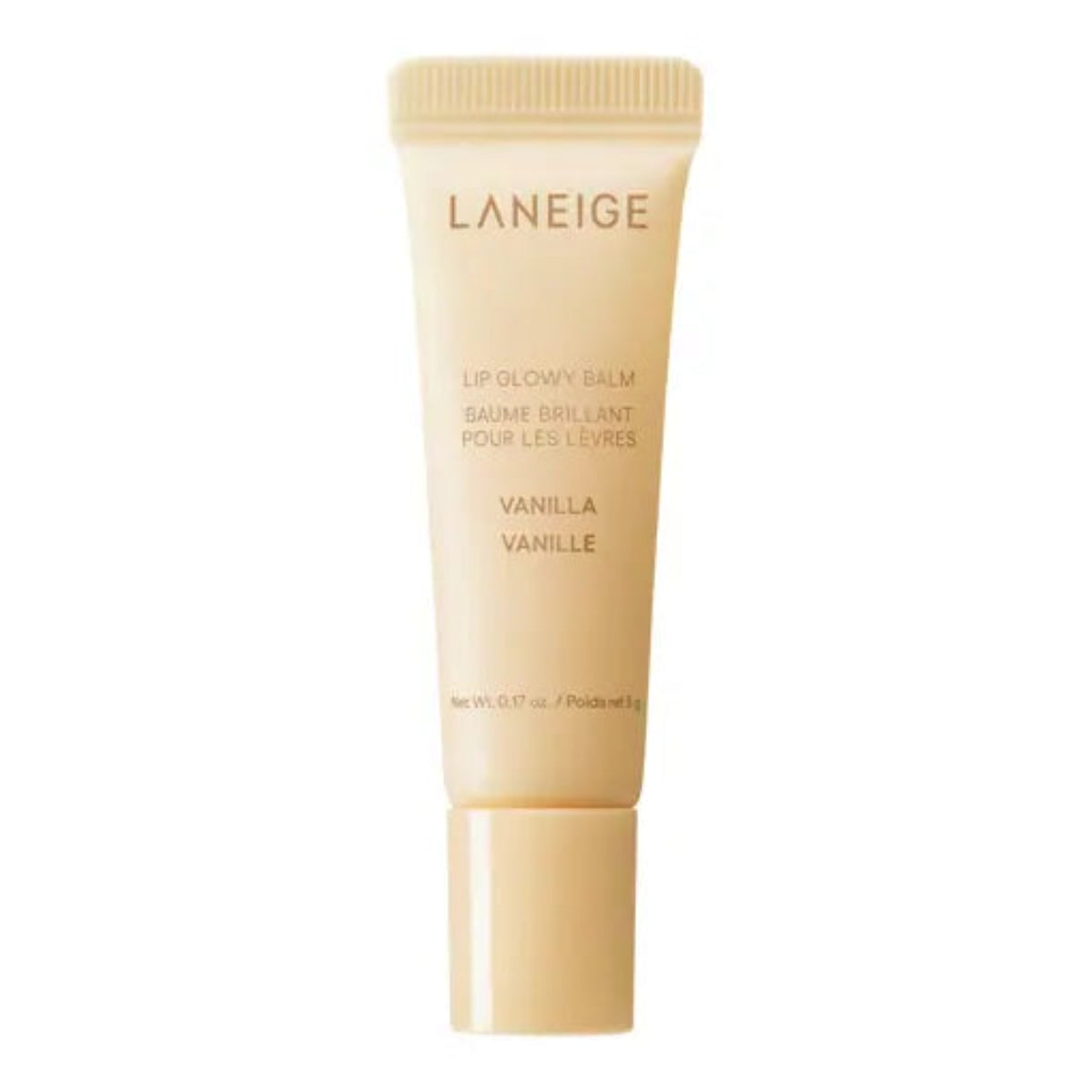 LANEIGE Lip Glowy Balm Vanilla 10g tube on a light background.