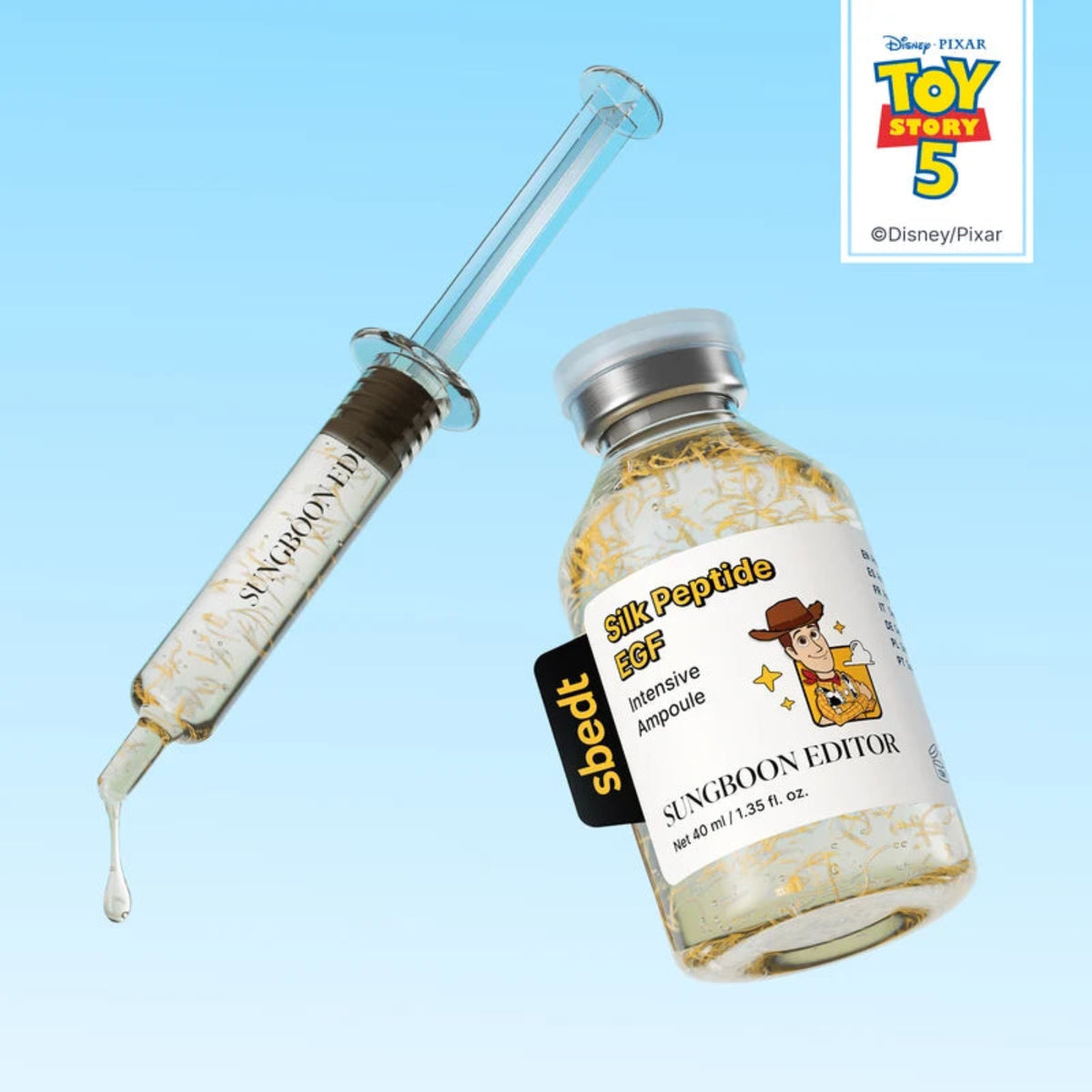 Bottle and applicator: “SUNGBOON EDITOR Silk Peptide EGF Intensive Ampoule Toy Story Edition bottle with precision applicator”