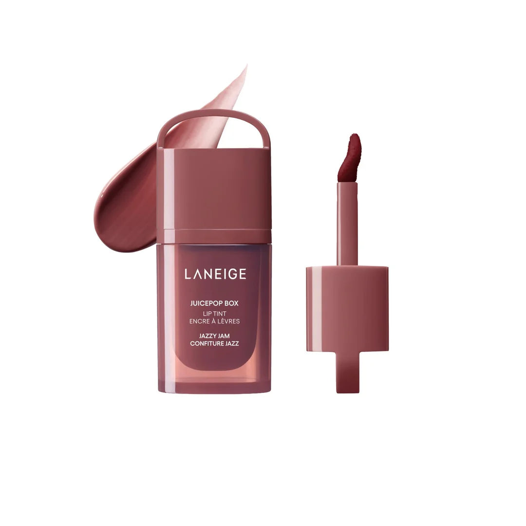 LANEIGE JuicePop Box Lip Tint Jazzy Jam with wand applicator and colour swatch.