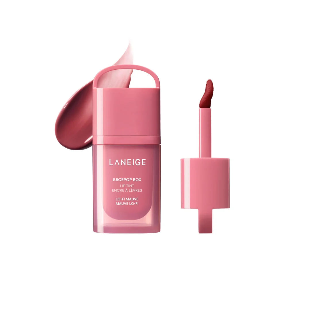 LANEIGE JuicePop Box Lip Tint Lo-Fi Mauve with wand applicator and colour swatch.