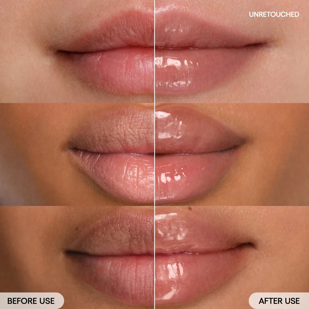 Before-and-after close-ups of lips showing the glossy finish of LANEIGE Lip Glowy Balm Mango.