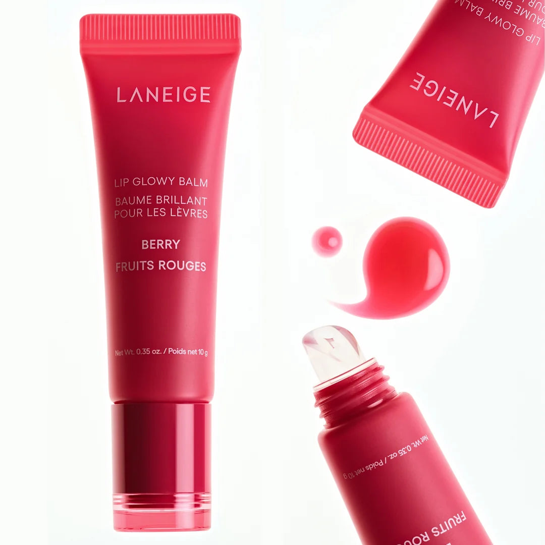 LANEIGE Lip Glowy Balm Berry 10g tubes with a pink balm swatch on a white background.
