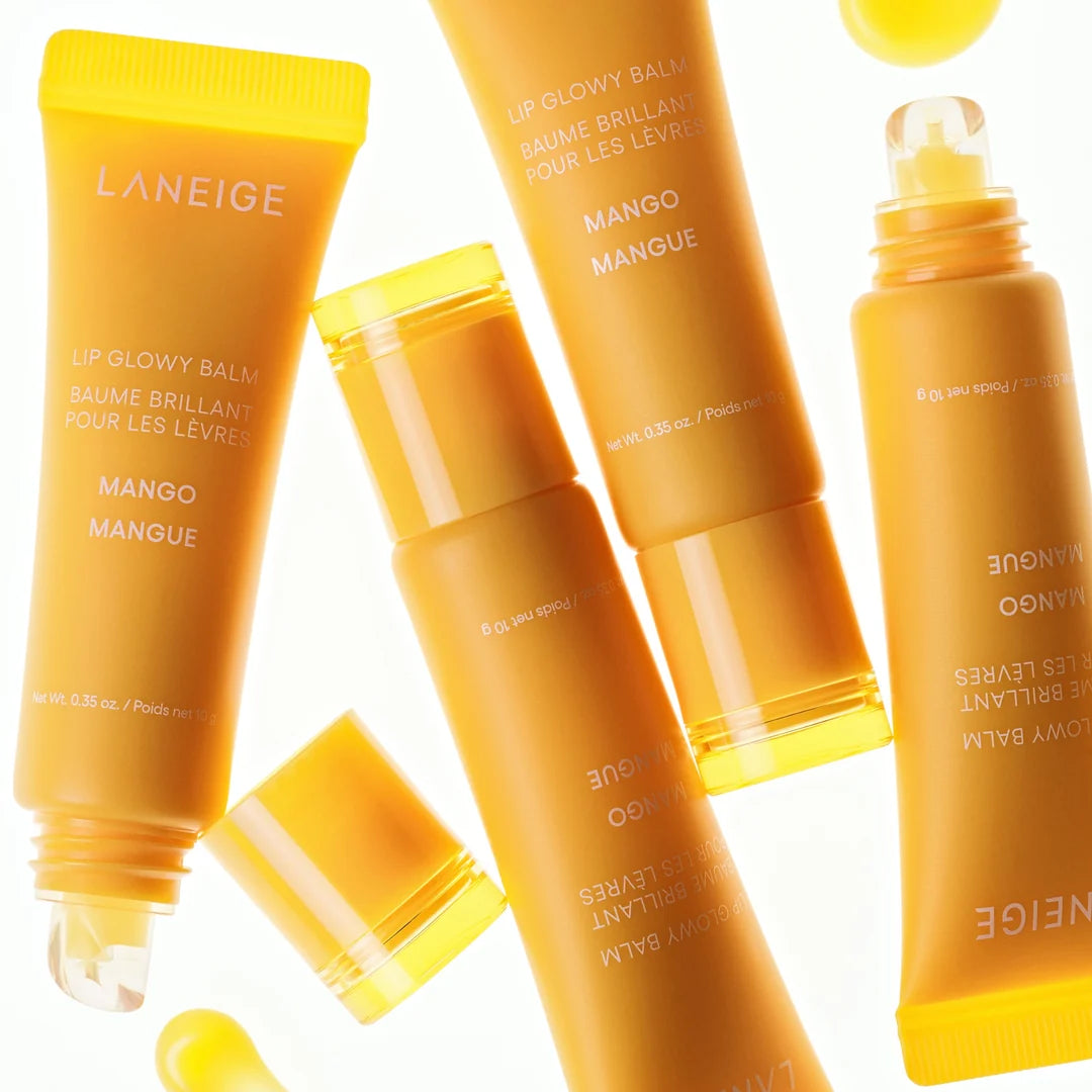 LANEIGE Lip Glowy Balm Mango tubes with yellow caps on a white background.