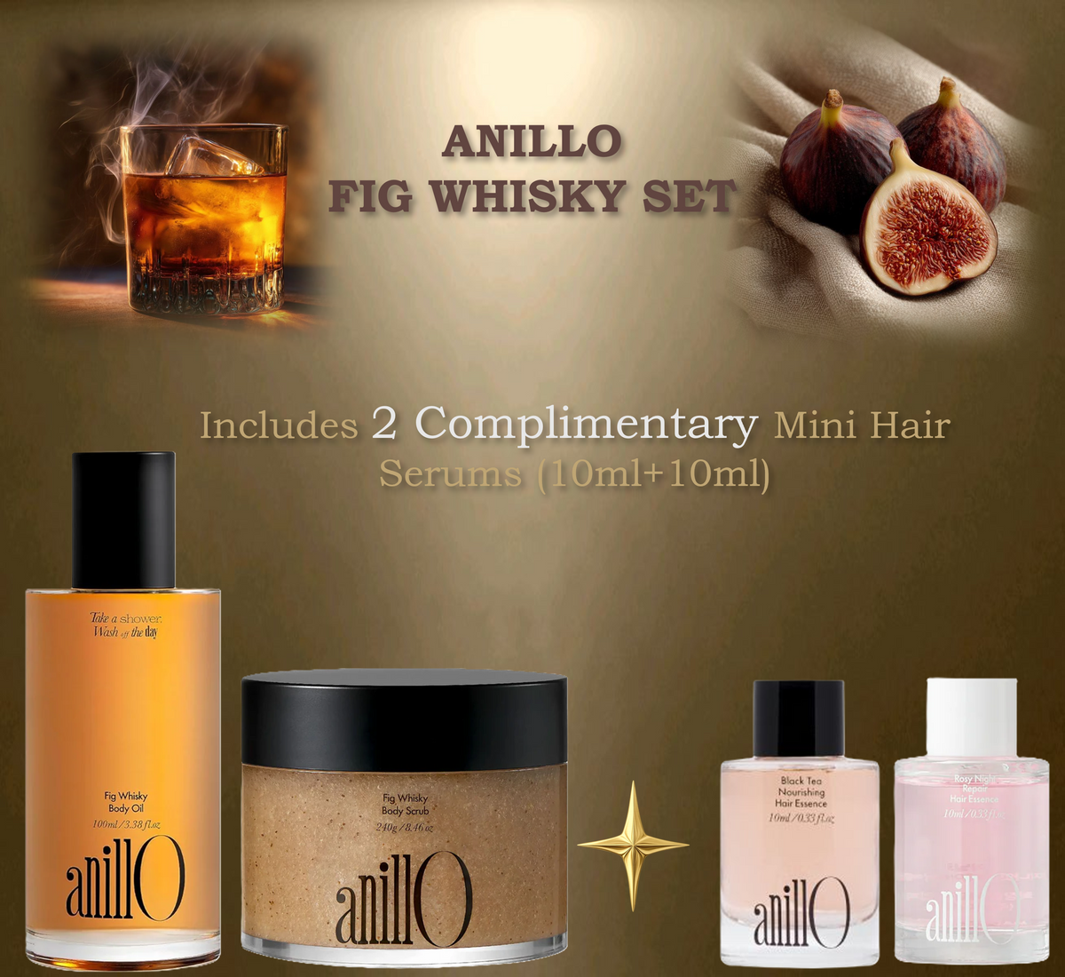 ANILLO - Fig Whisky Body Oil & Scrub + 2 FREE Mini Hair Serums (10ml + 10ml)