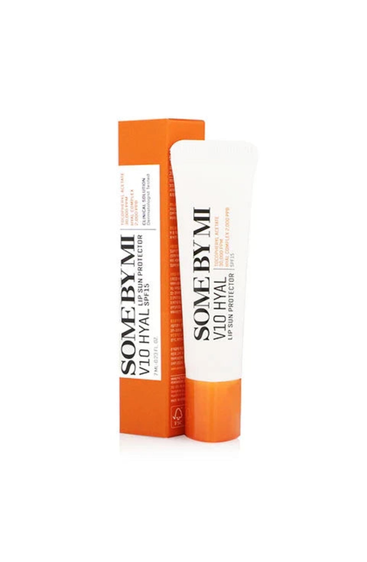 SOME BY MI 150 HYLAT sunscreen lotion in a white squeeze tube with an orange cap, standing next to its orange and white packaging box on a white background.