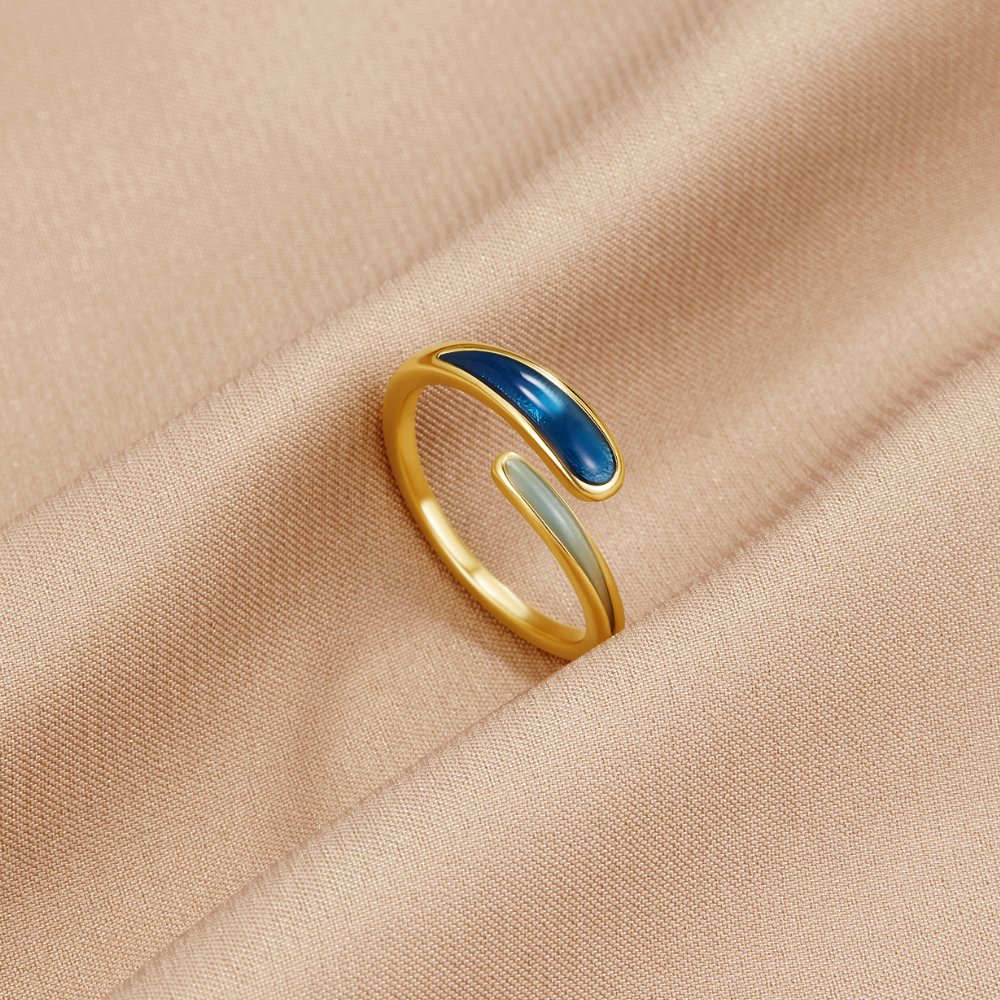 BEAUTIFUL EARTH - SAPPHIRE BLUE & MINT ENAMEL BYPASS RING – 18K GOLD - SIZE 8