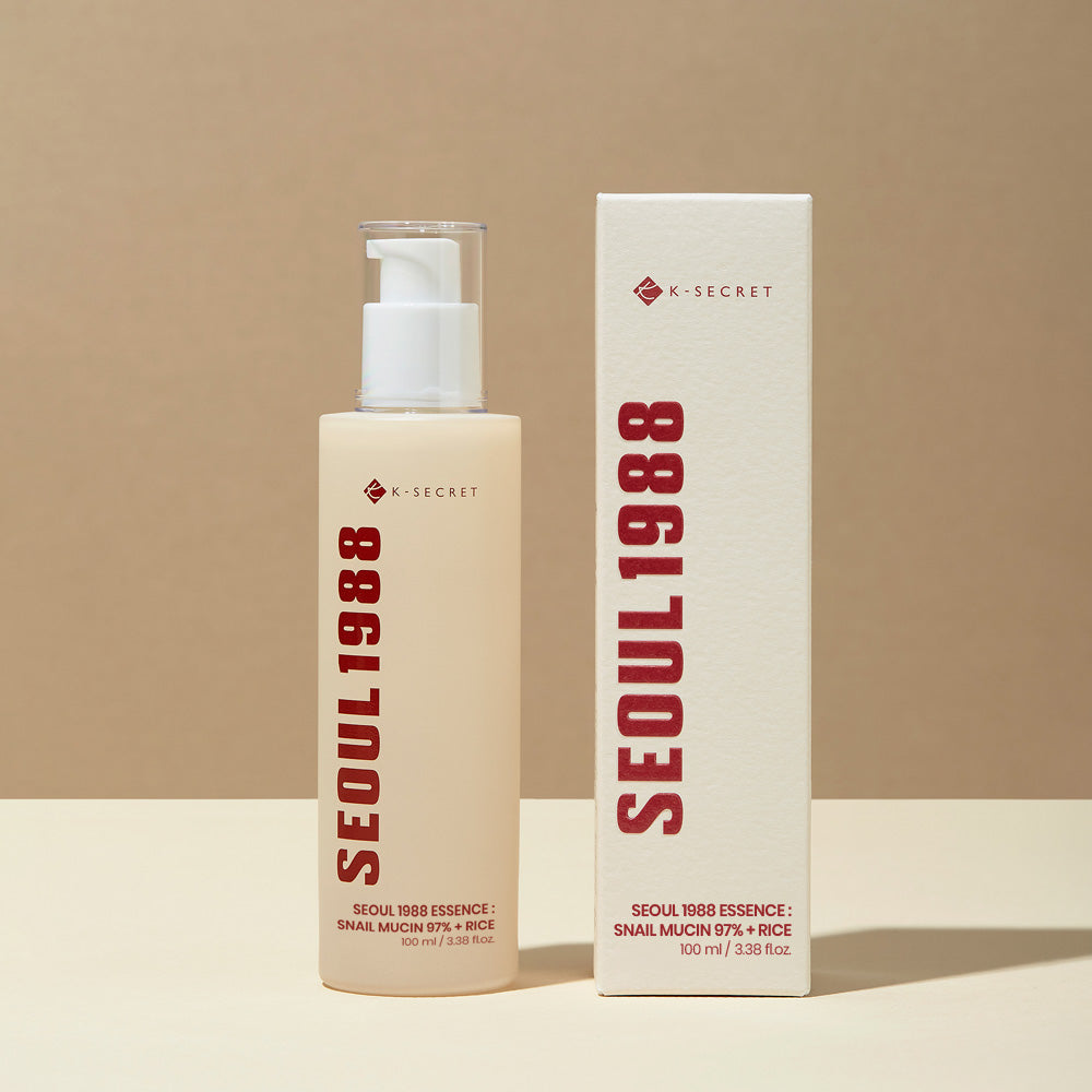 “KSECRET Seoul 1988 Snail Mucin 97% + Rice Essence bottle beside its box”