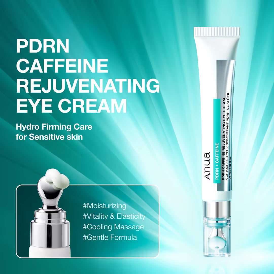 ANUA PDRN Caffeine Rejuvenating Eye Cream tube on a teal promotional background.