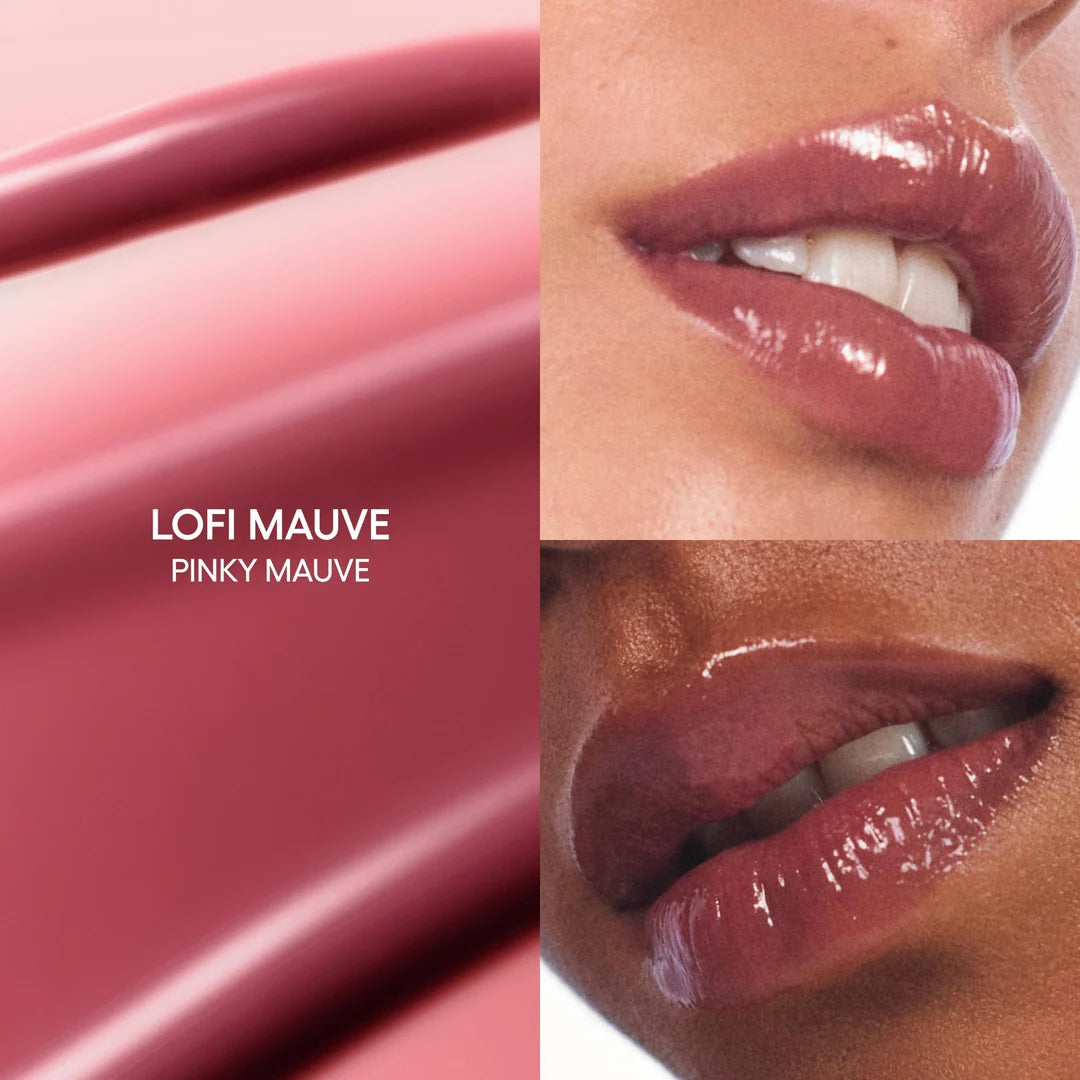 Close-up of lips wearing LANEIGE JuicePop Box Lip Tint in Lo-Fi Mauve.
