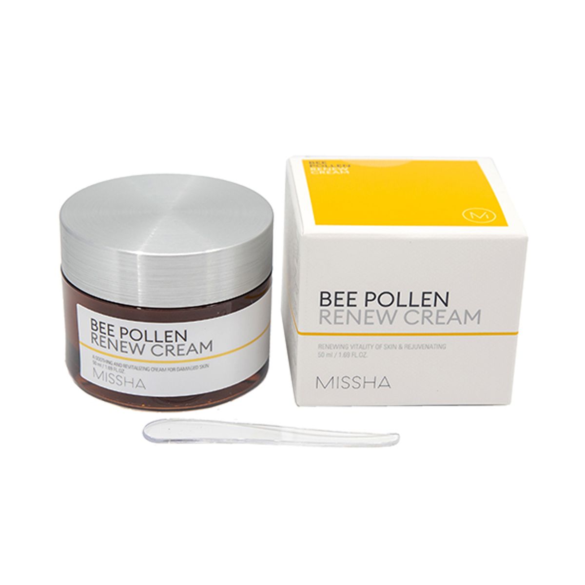 MISSHA Bee Pollen Renew Cream 50ml jar beside its box and spatula