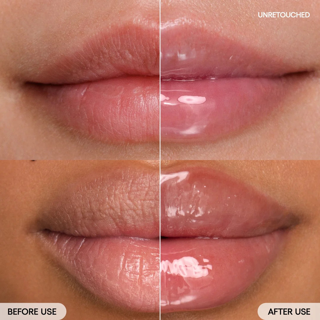 Before-and-after close-ups of lips showing the glossy finish of LANEIGE Lip Glowy Balm Berry.