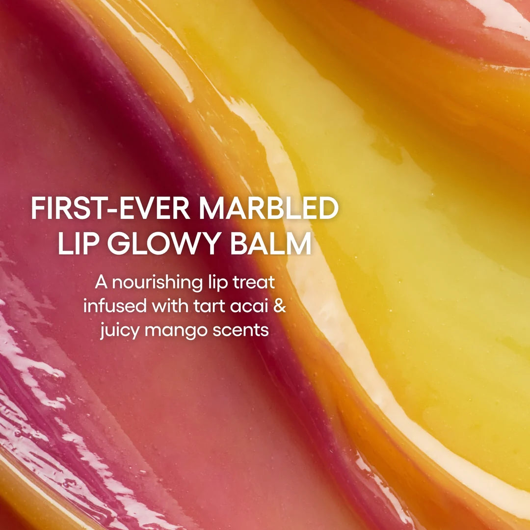 Close-up of yellow and berry-coloured balm swirls highlighting LANEIGE’s marble Lip Glowy Balm.