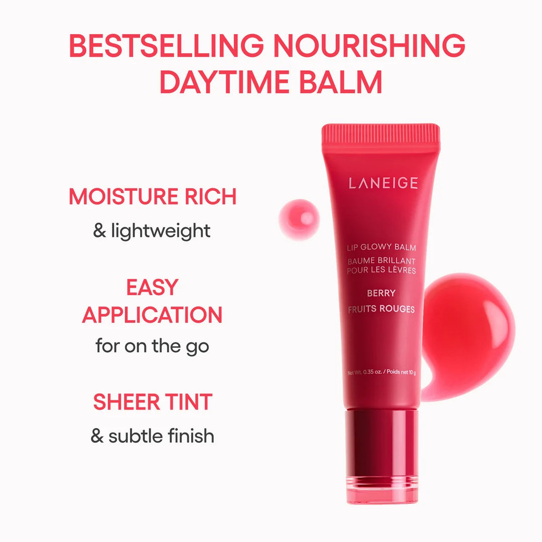 LANEIGE Lip Glowy Balm Berry tube with promotional text highlighting its nourishing formula, easy application and sheer tint.⠋

