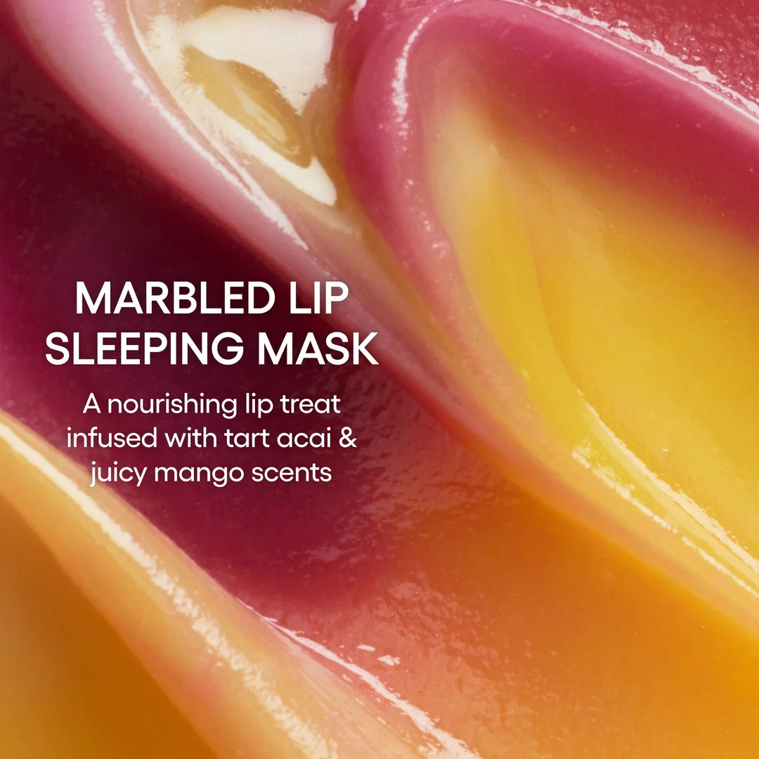 Close-up of yellow and purple swirls in LANEIGE Lip Sleeping Mask Acai Mango Smoothie.⠋