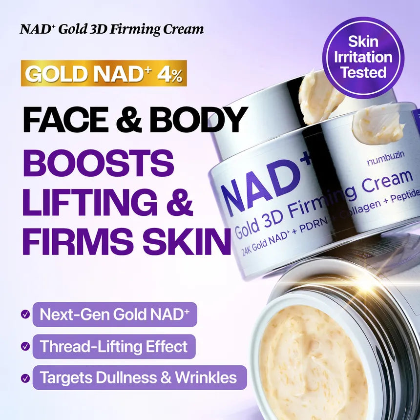 NAD+ Gold 3D Firming Cream advertisement showing two silver cosmetic jars with cream visible inside, alongside large marketing text in purple and gold on a light lavender background. A purple badge says 'Skin Irritation Tested'.