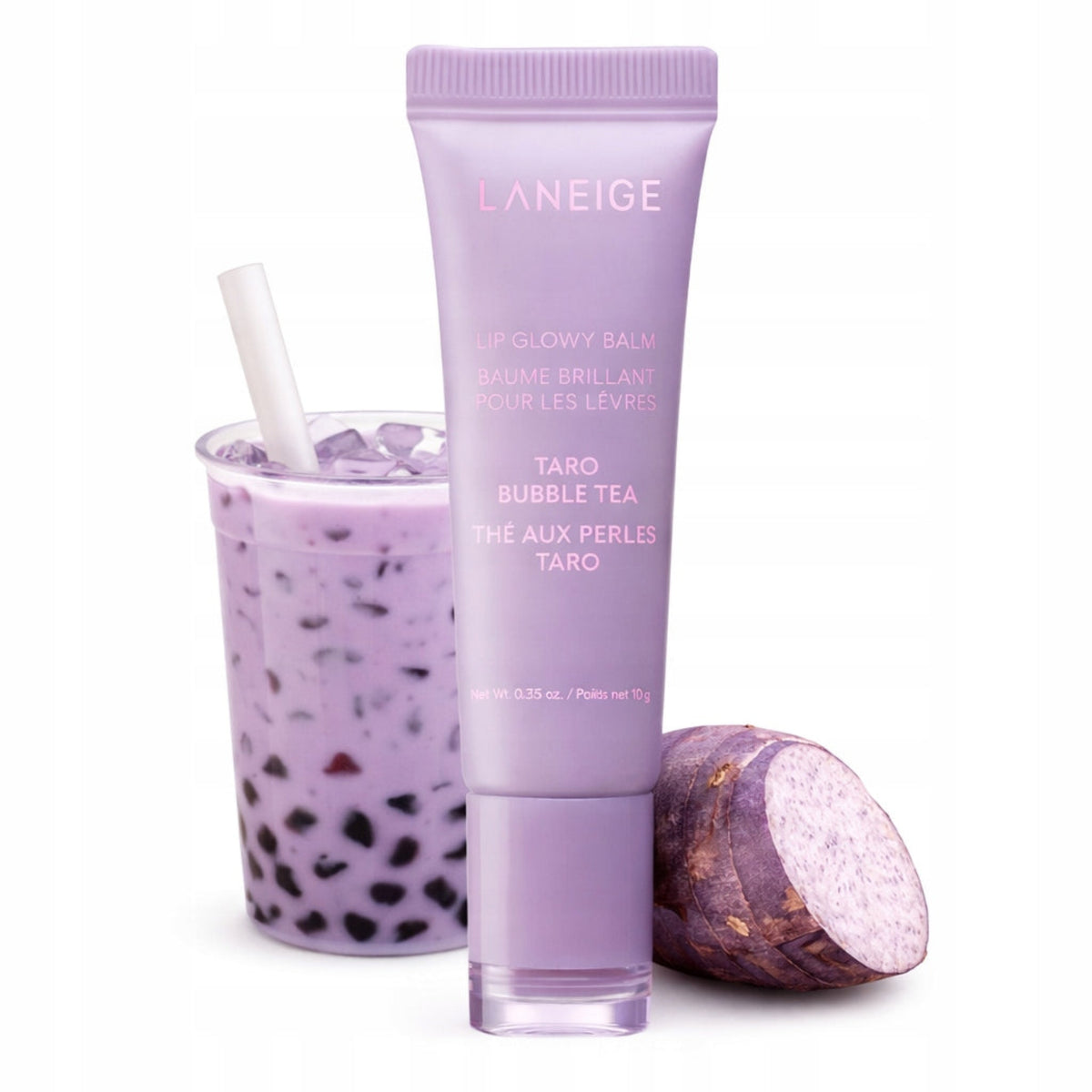 LANEIGE Lip Glowy Balm Taro 10g beside a patterned bubble tea cup and Taro-themed props.