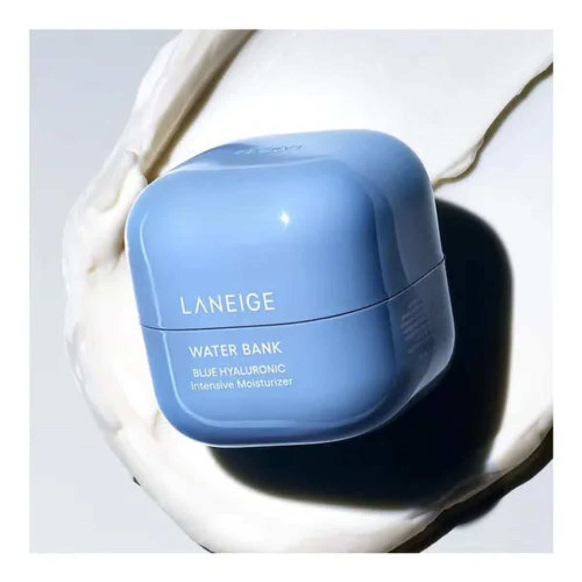 LANEIGE Water Bank Blue Hyaluronic Intensive Moisturizer jar with an applicator