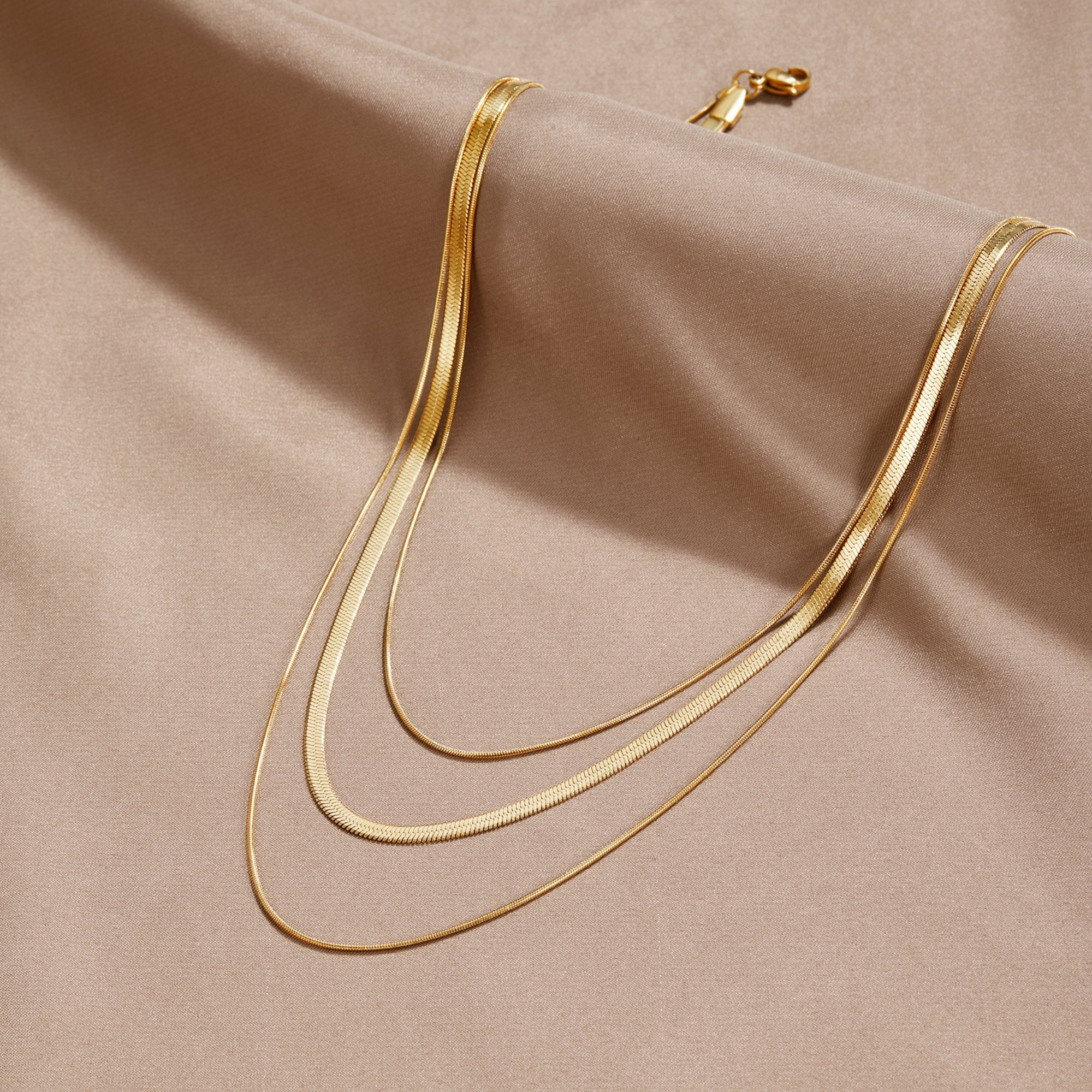BEAUTIFUL EARTH - TRIPLE LAYER GOLD HERRINGBONE CHAIN NECKLACE