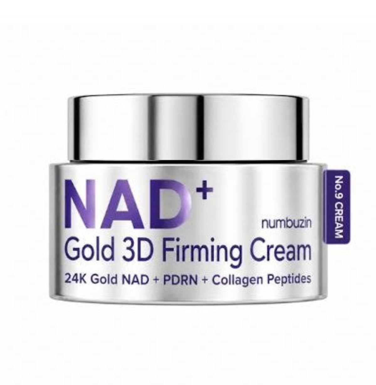 NAD+ Gold 3D Firming Cream by Numbuzin, PDRN, COLLAGEN PEPTIDES,  in a silver jar with purple text, shown on a plain white background.