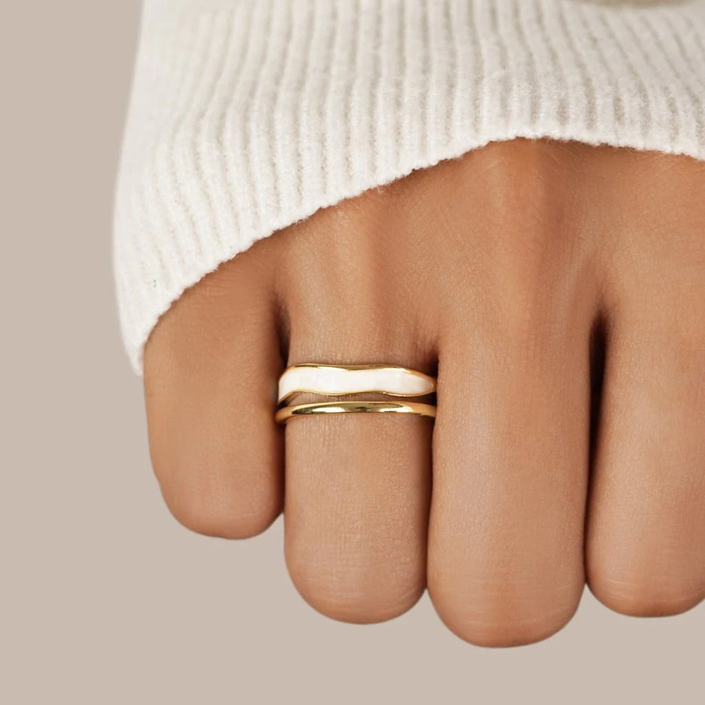 BEAUTIFUL EARTH - WHITE ENAMEL WAVE & GOLD OPEN BAND RING - SIZE 8