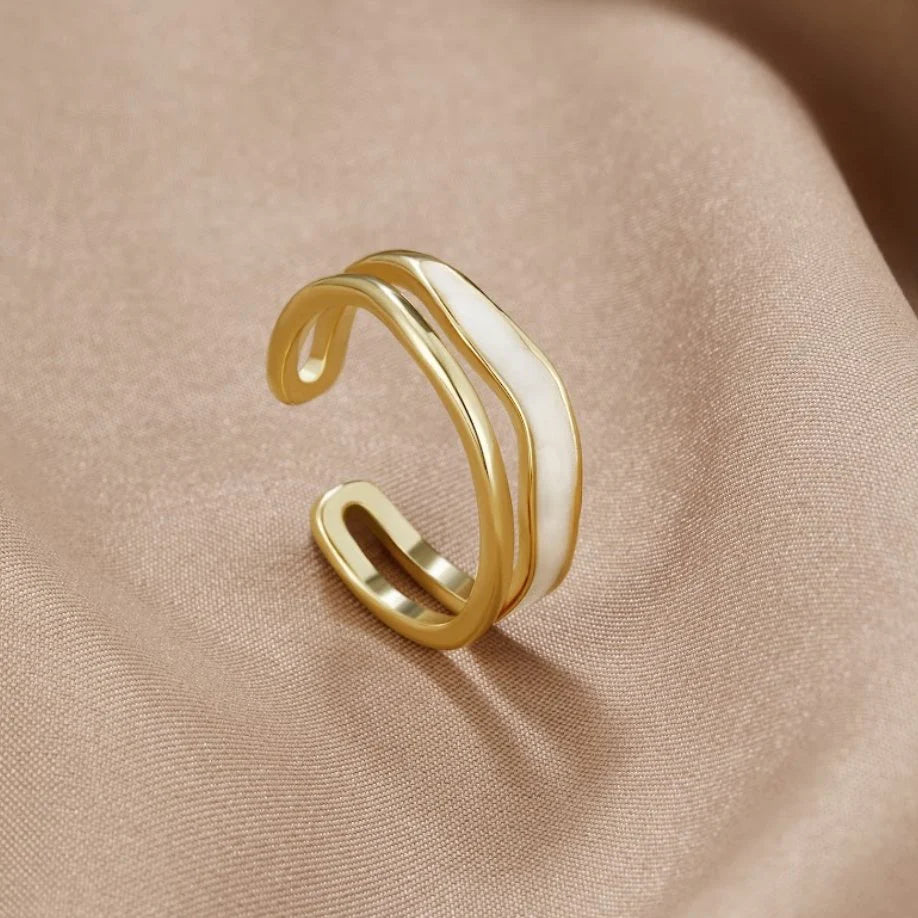 BEAUTIFUL EARTH - WHITE ENAMEL WAVE & GOLD OPEN BAND RING - SIZE 8