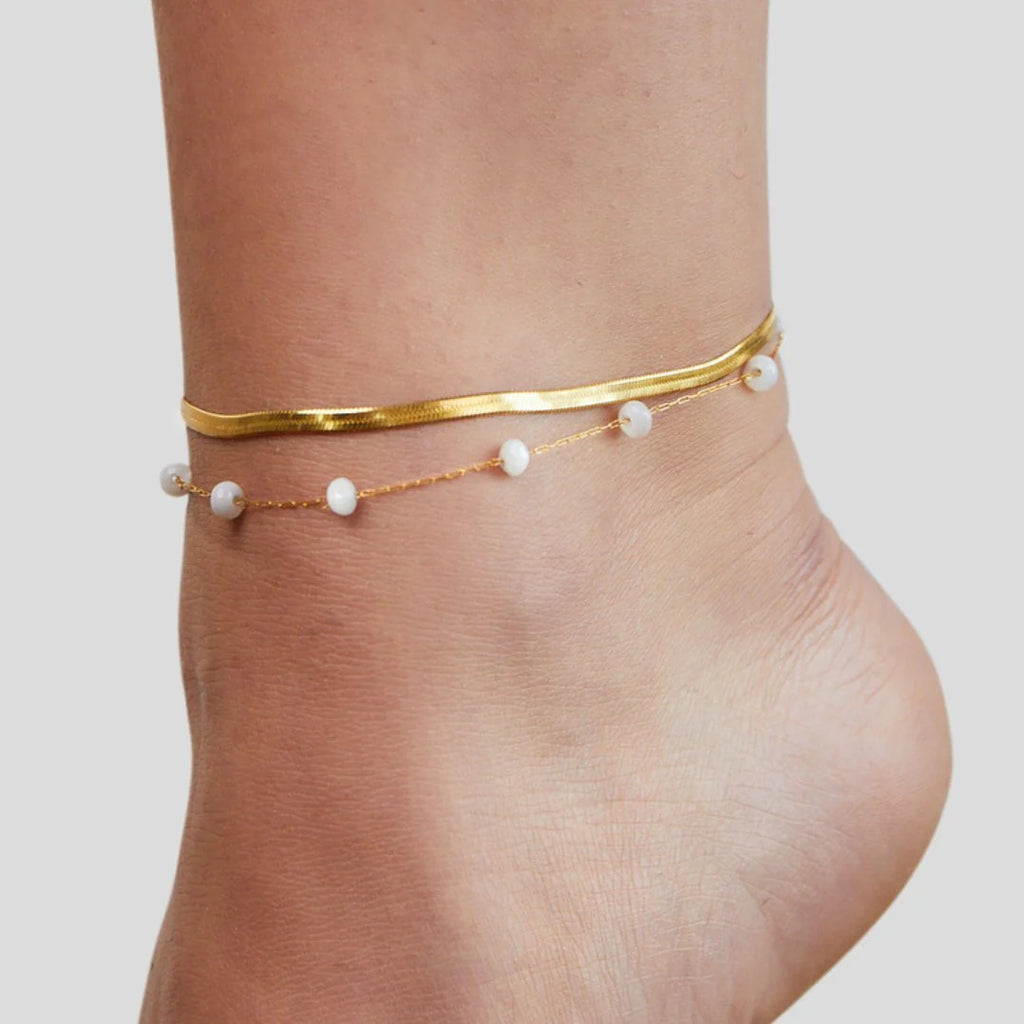 BEAUTIFUL EARTH - LAYERED SNAKE CHAIN PEARL ANKLET