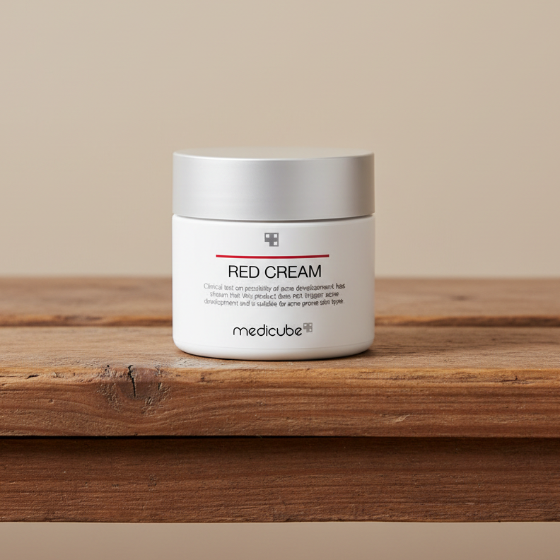 Medicube Red Cream on Rustic Wooden Bench