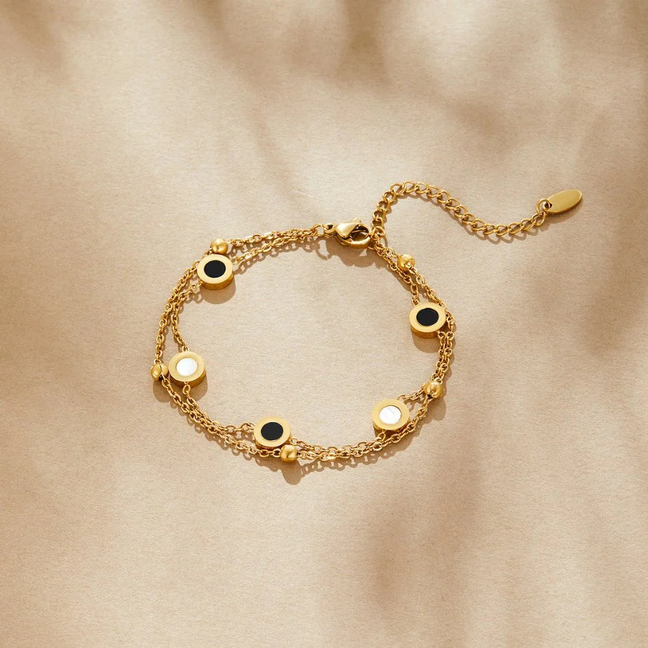 BEAUTIFUL EARTH - ONYX & WHITE STONE DOUBLE CHAIN BRACELET – 18K GOLD