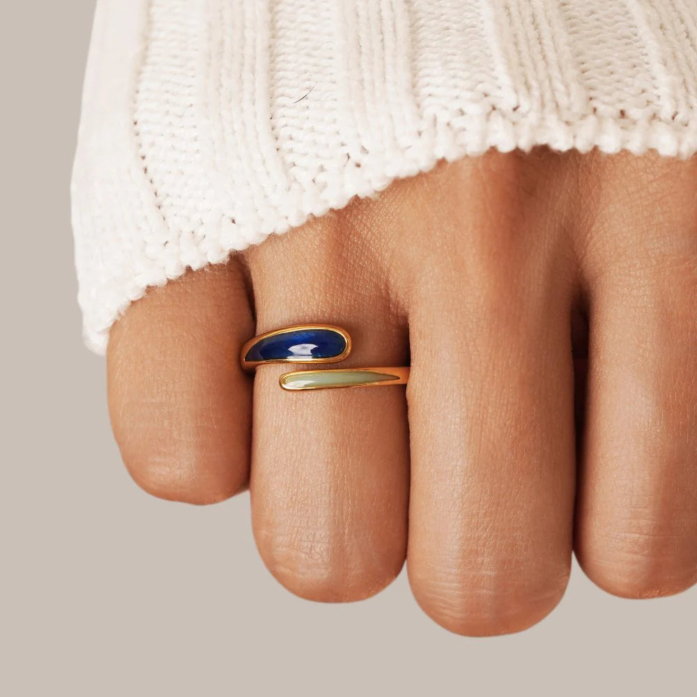BEAUTIFUL EARTH - SAPPHIRE BLUE & MINT ENAMEL BYPASS RING – 18K GOLD - SIZE 8