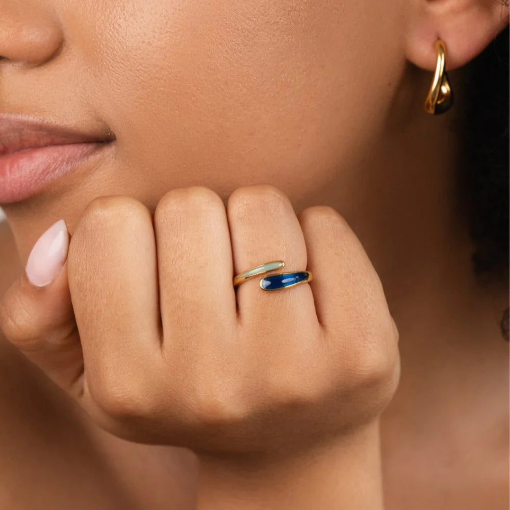 BEAUTIFUL EARTH - SAPPHIRE BLUE & MINT ENAMEL BYPASS RING – 18K GOLD - SIZE 8